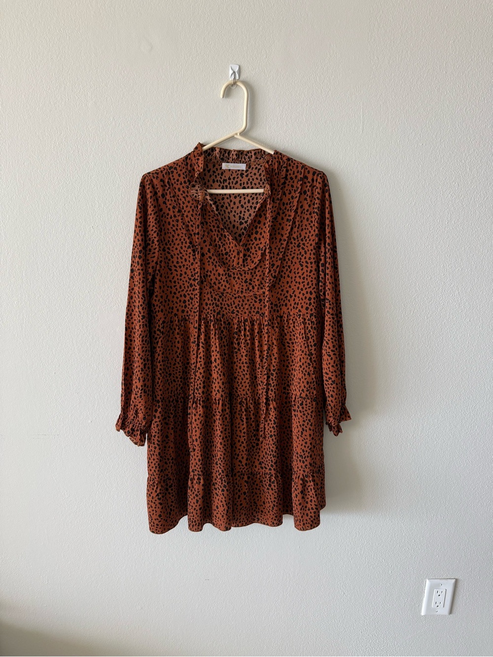 Rust Animal-Print Long-Sleeve Tiered Dress